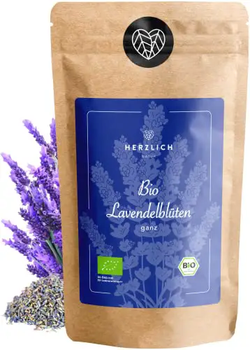 80DEGREES Bio Lavendelblüten - Lavendel getrocknet - ganze Blüten für Lavendeltee, Lavendelsäckchen, Duftsäckchen oder Essen - 100% und rein - geprüft abgefüllt in Deutschland | Herzlich Natur (100g)