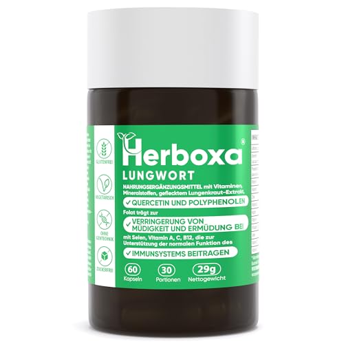 Herboxa Lungenkraut mit 550mg geflecktes Lungenkraut - Enthält Folsäure, die Müdigkeit und Erschöpfung reduziert, Vitamin C, Quercetin, ProG-Phen - 60 vegane Kapseln