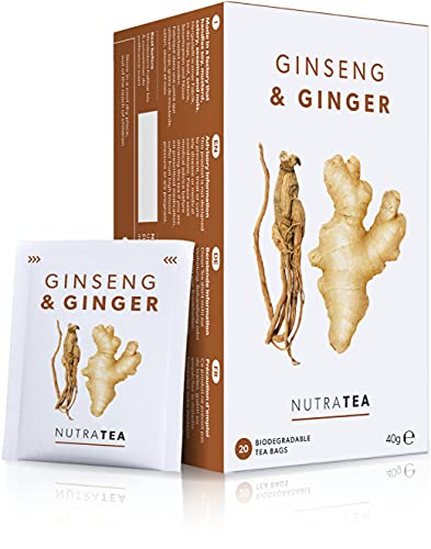 Nutra Tea Ginseng & Ginger - fördert Verdauung & Leistungsfähigkeit, Ingwertee trägt zur Aufrechterhaltung des Immunsystem bei, 20 wiederverwendbare Teebeutel, Kräutertee mit Ingwer & Ginseng