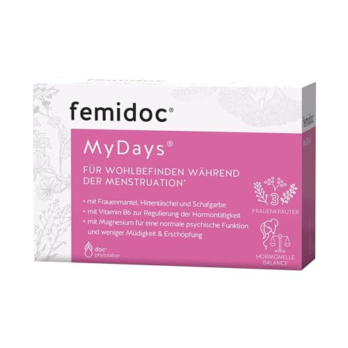 femidoc MyDays Kapseln für Frauen während der Menstruation, 20 Stück, mit Frauenmantel, Hirtentäschel, Schafgarbe, Vitamin B6 und Magnesium, vegan