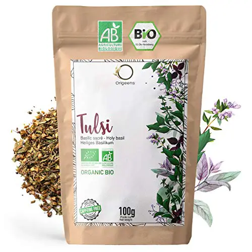 ORIGEENS BIO TULSI 100g | Indisches Basilikum, getrocknete Blätter | Bio Tulsi Tee lose ohne Teein, Anti-Stress Tee und Ayurveda tee