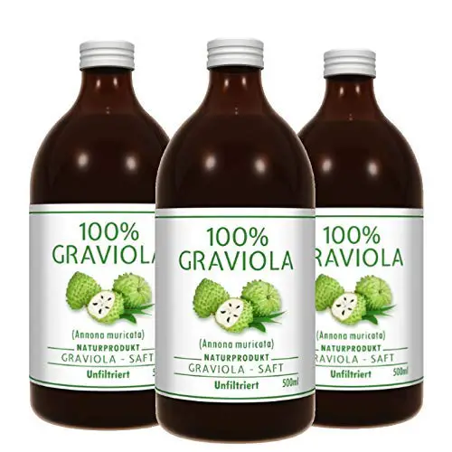 3 x 100% GRAVIOLA Direkt-Saft -unfiltriert & vegan- (3 x 500ml), aus 100% Graviola Püree. Stachelannone, Soursop, Corossol, Guanabana.