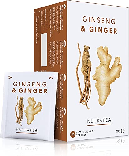 Nutra Tea Ginseng & Ginger - Wohltuender Tee mit 100% Ginseng & Ingwer - Fördert Energieniveau, Verdauung, Durchblutung & Immunsystem - 20 Verpackte, Wiederverwendbare Teebeutel - Kräutertee