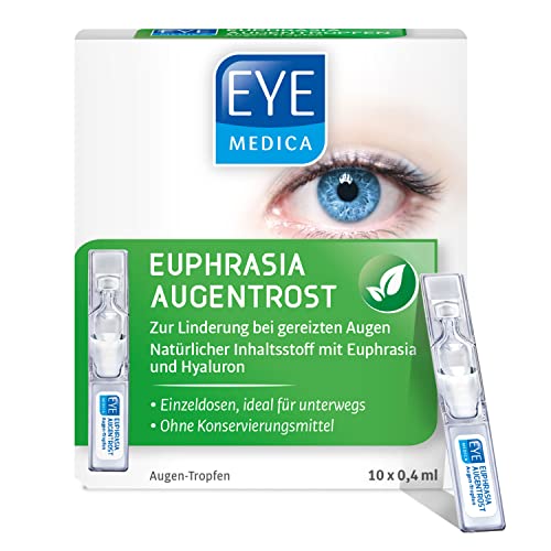 EyeMedica Euphrasia Augentropfen gegen trockene Augen und gereizte Augen, Befeuchtung, Linderung und Pflege, mit Hyaluron, 10 x 0,4 ml Einzeldosen