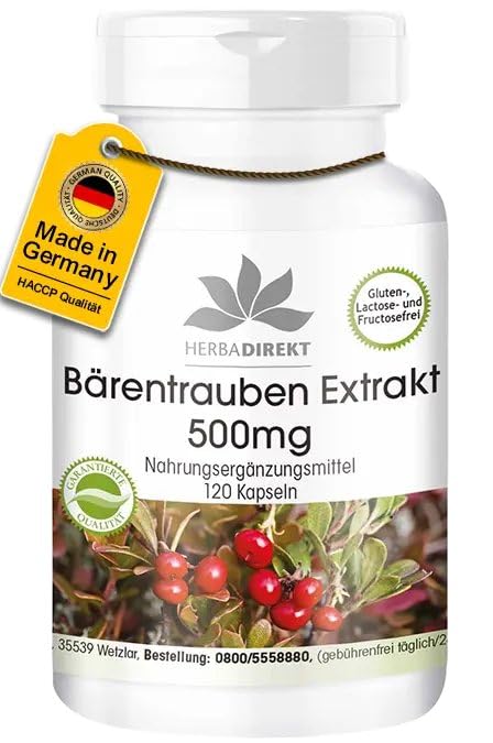 Bärentrauben Extrakt 500mg - 120 Kapseln Uva Ursi - standardisiert auf 20% Arbutin - Hochdosiert - Vegan | HERBADIREKT by Warnke Vitalstoffe - Deutsche Apothekenqualität